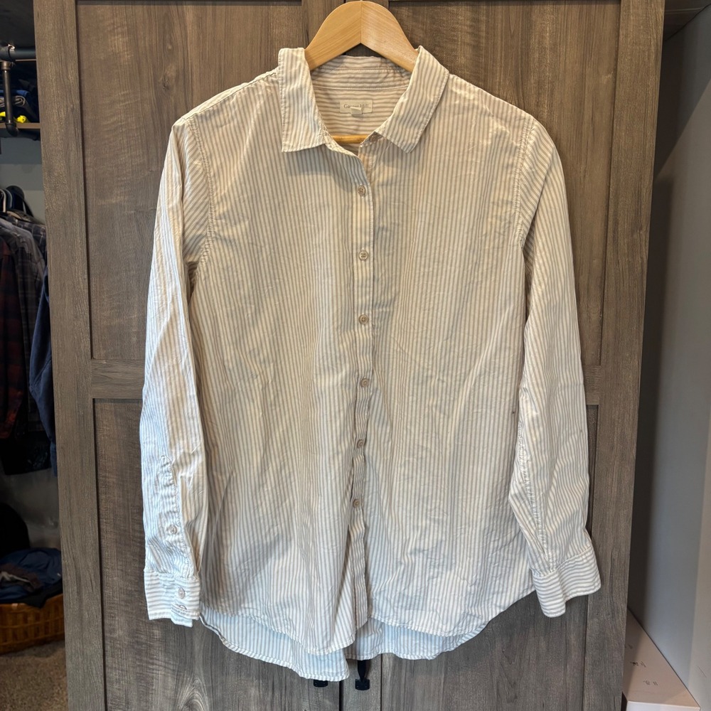 Garnet Hill Tan Striped Organic Pima Cotton Button Down Shirt Womens 14